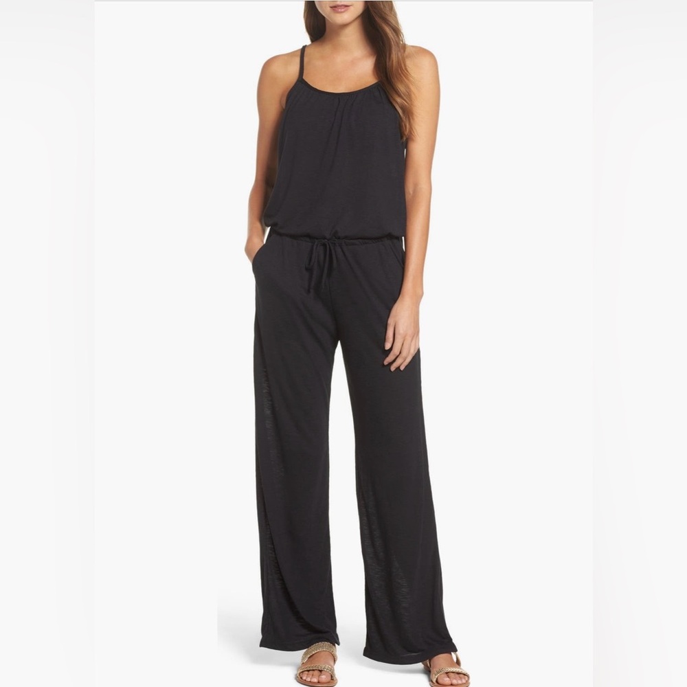 Becca Breezy Blouson Black Strappy Scoop Neck Coverup Jumpsuit Tie Waist, Size M